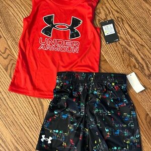 NWT-Under Armour Red Top and Black Patterned Shorts